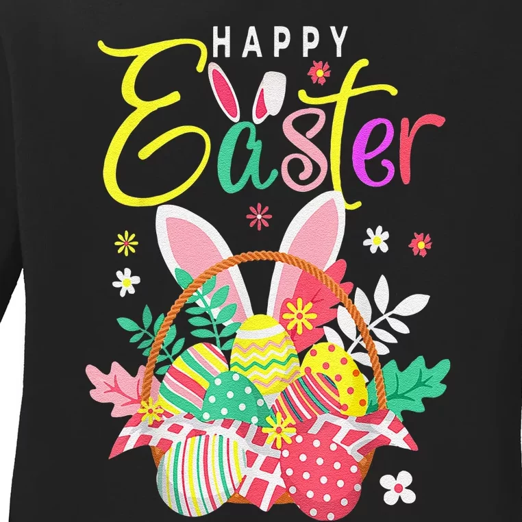 Happy Easter Egg Basket Bunny Ears Ladies Long Sleeve Shirt