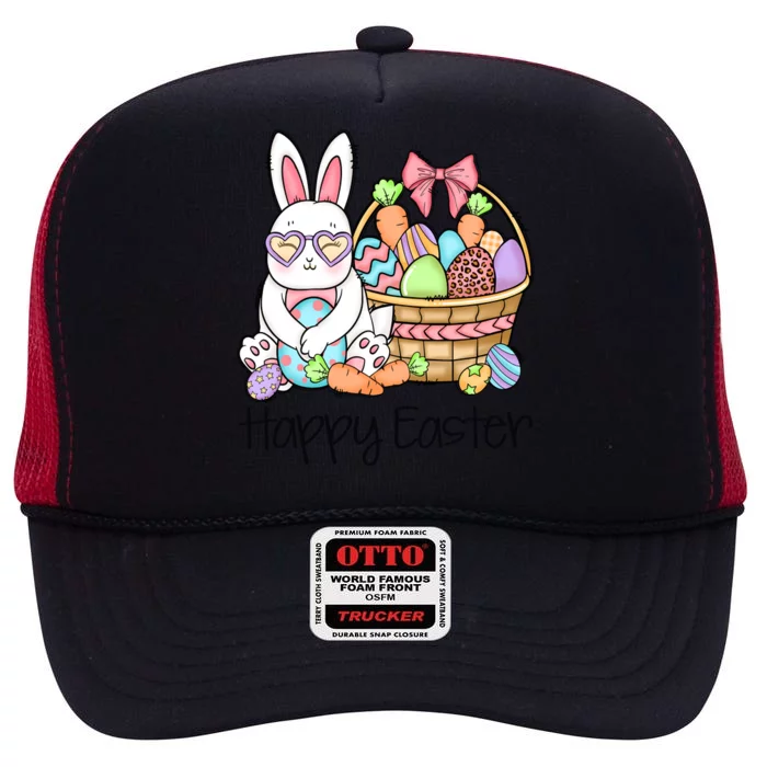 Happy Easter Egg Basket Bunny Ears Easter Day High Crown Mesh Trucker Hat