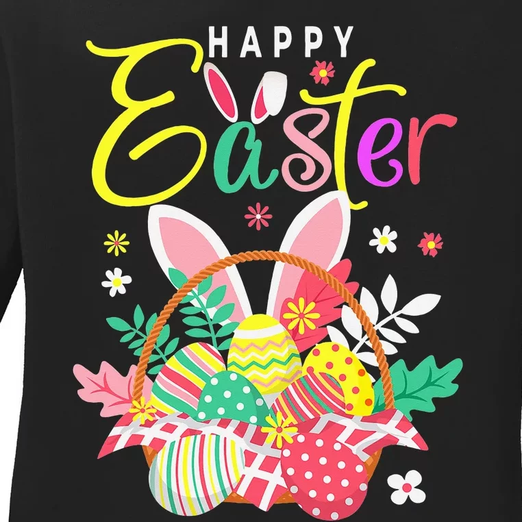 Happy Easter Egg Basket Bunny Ears Ladies Long Sleeve Shirt