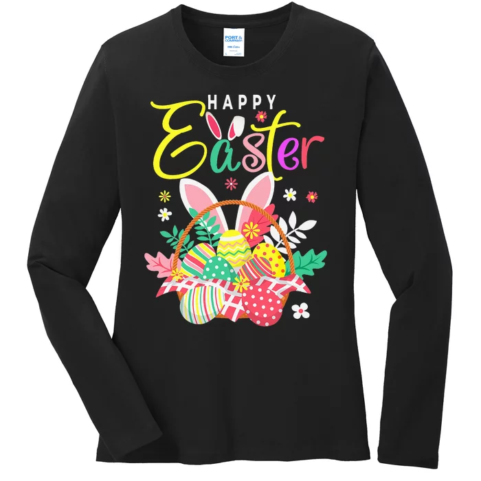 Happy Easter Egg Basket Bunny Ears Ladies Long Sleeve Shirt