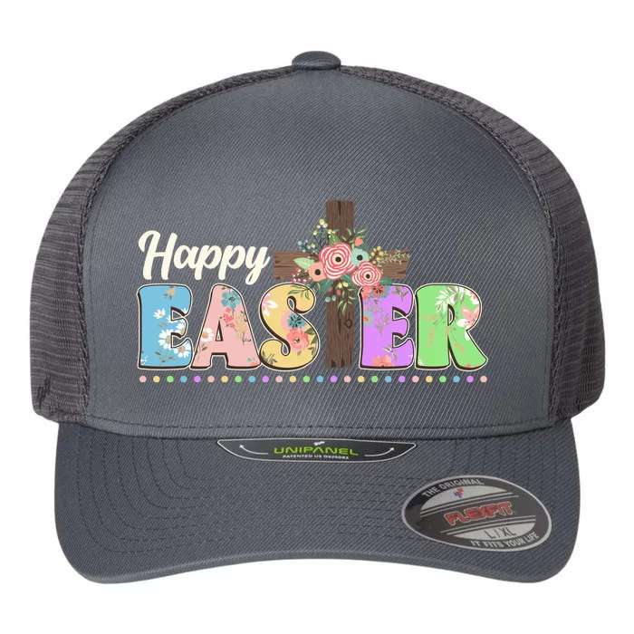 Happy Easter Flower Floral Cross Flexfit Unipanel Trucker Cap