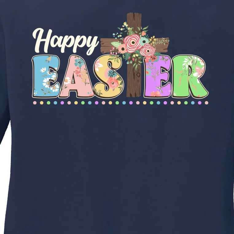 Happy Easter Flower Floral Cross Ladies Long Sleeve Shirt