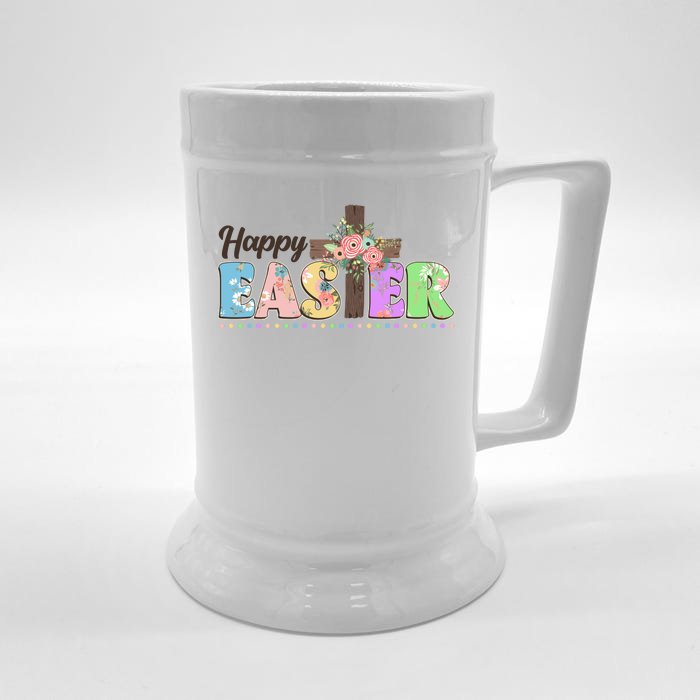 Happy Easter Flower Floral Cross Front & Back Beer Stein