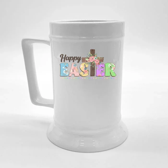 Happy Easter Flower Floral Cross Front & Back Beer Stein