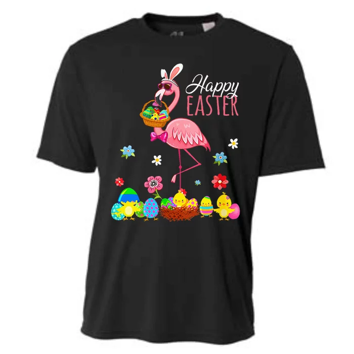 Happy Easter Flamingo With Easter Egg Basket Hunting Cooling Performance Crew T-Shirt