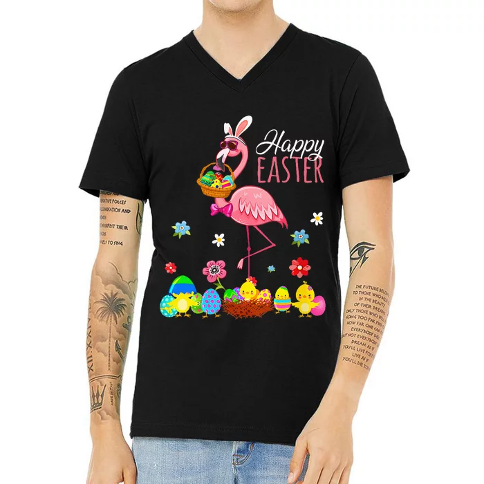 Happy Easter Flamingo With Easter Egg Basket Hunting V-Neck T-Shirt