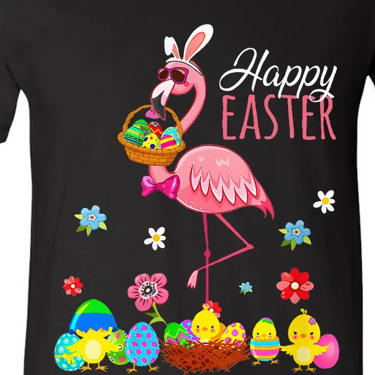 Happy Easter Flamingo With Easter Egg Basket Hunting V-Neck T-Shirt