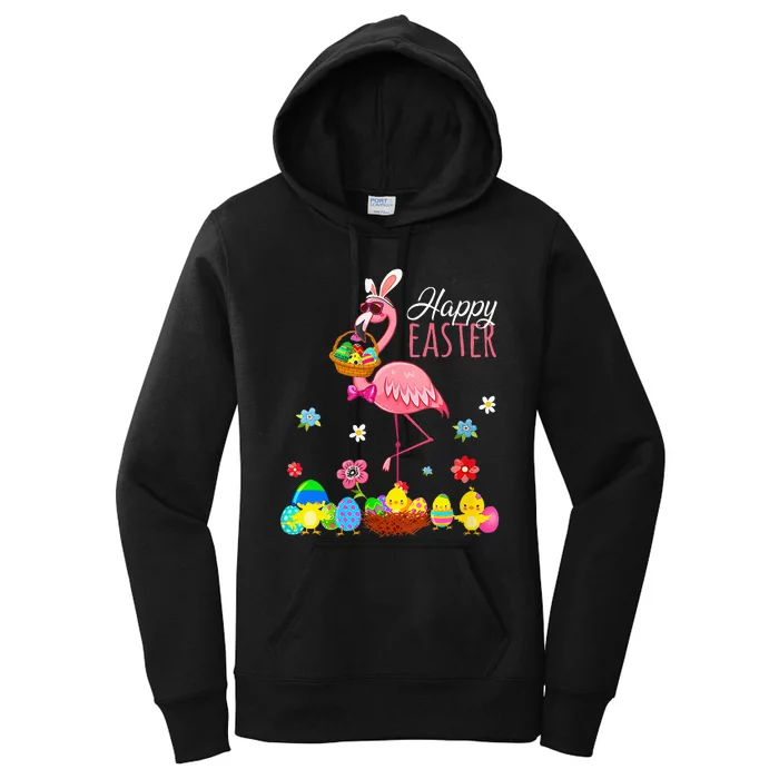 Happy Easter Flamingo With Easter Egg Basket Hunting Women's Pullover Hoodie