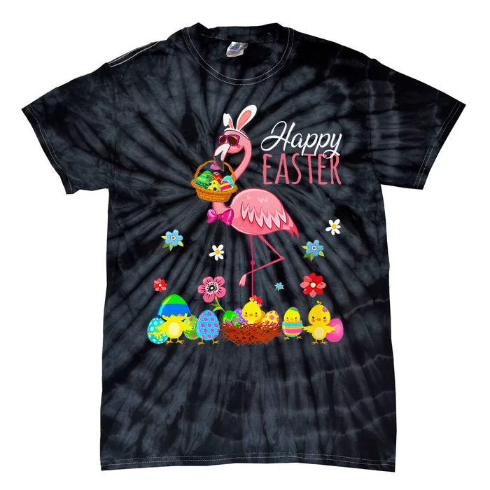 Happy Easter Flamingo With Easter Egg Basket Hunting Tie-Dye T-Shirt