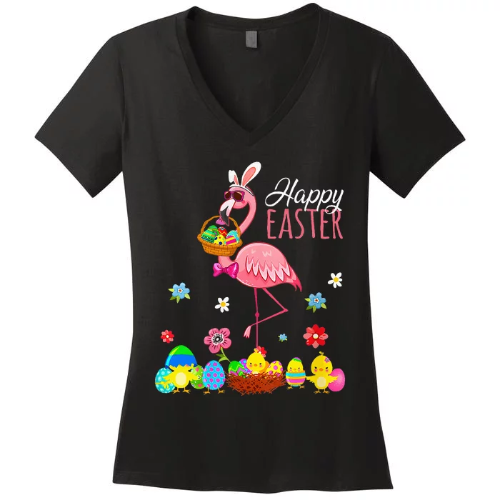 Happy Easter Flamingo With Easter Egg Basket Hunting Women's V-Neck T-Shirt