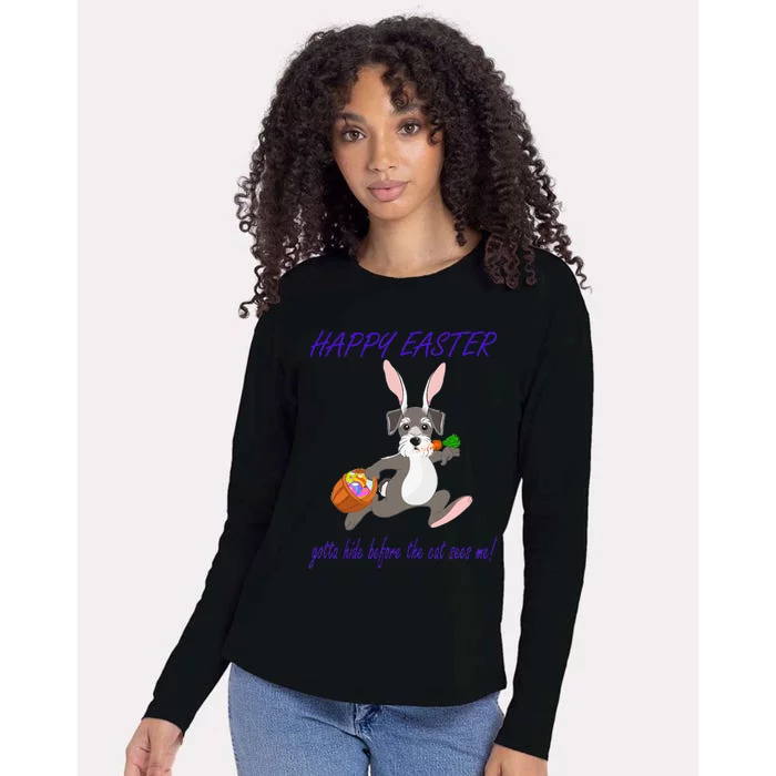 HAPPY EASTER FUNNY MINI SCHNAUZER BUNNY WITH BASKET Womens Cotton Relaxed Long Sleeve T-Shirt