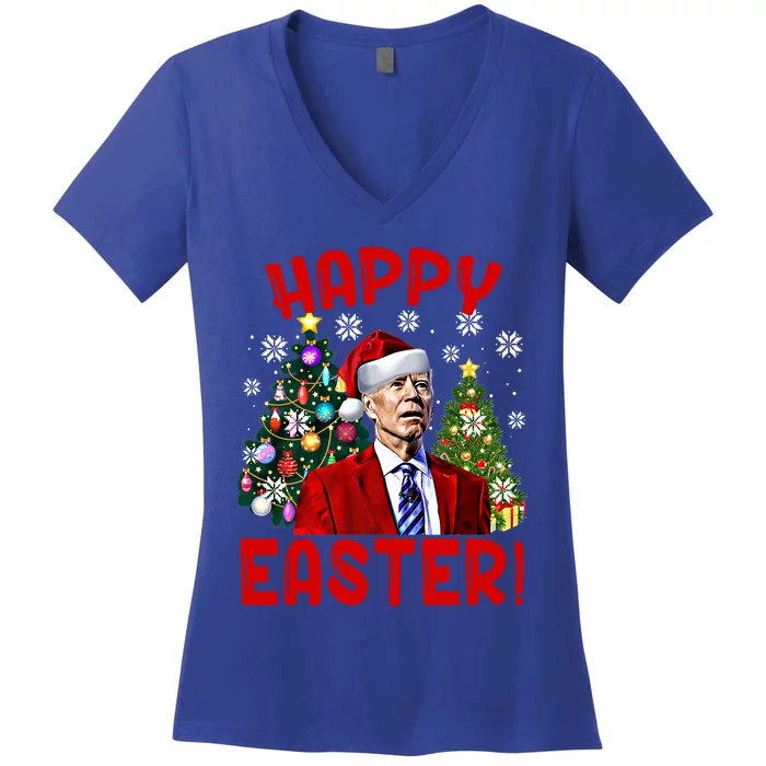 Happy Easter Funny Santa Joe Biden Confused Christmas Lights Gift Women's V-Neck T-Shirt