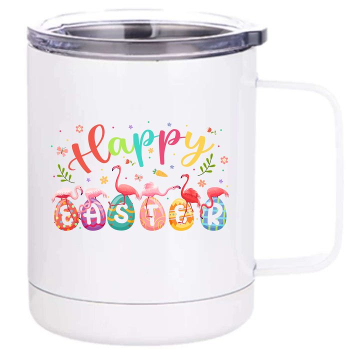 Happy Easter Group Cute Flamingos Hunting Chocolate Eggs Gift Front & Back 12oz Stainless Steel Tumbler Cup