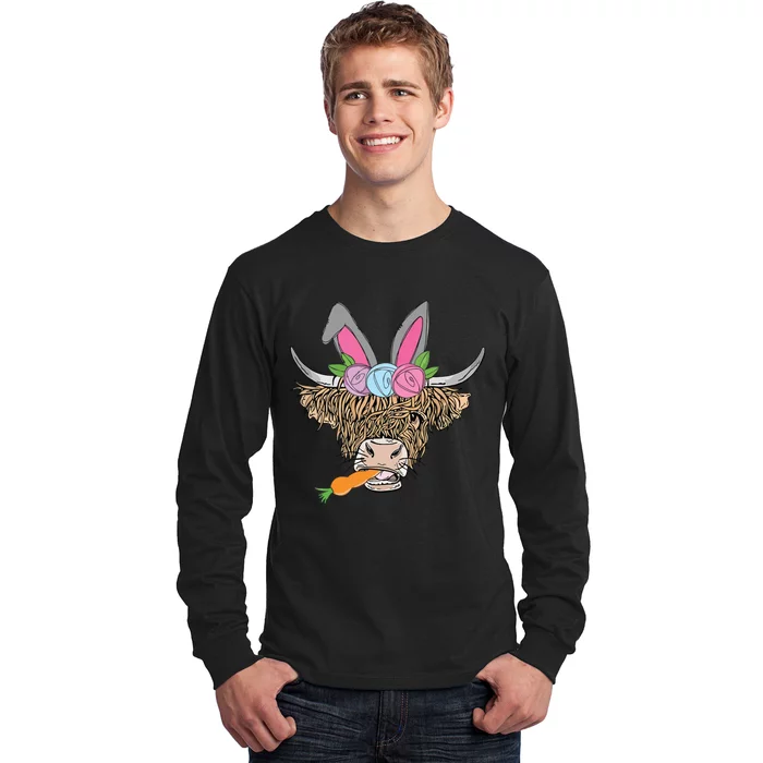 Happy Easter Heifer Highland Cow With Bunny Ears Carrot Egg Long Sleeve Shirt