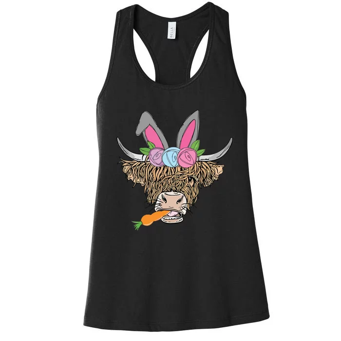 Happy Easter Heifer Highland Cow With Bunny Ears Carrot Egg Women's Racerback Tank