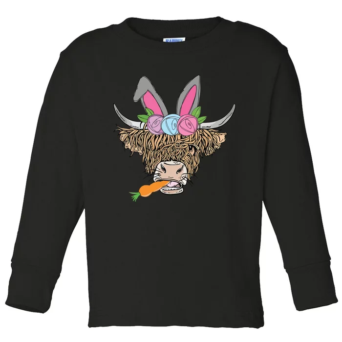 Happy Easter Heifer Highland Cow With Bunny Ears Carrot Egg Toddler Long Sleeve Shirt