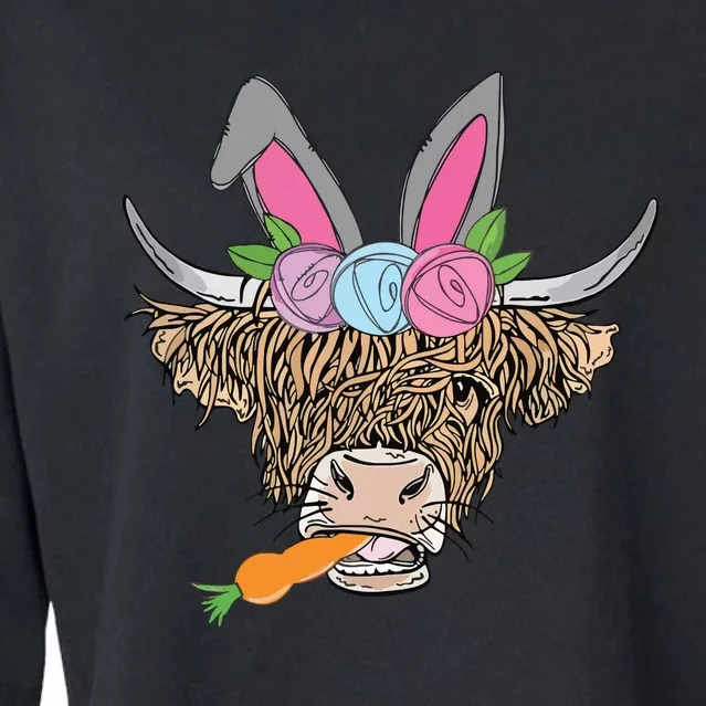 Happy Easter Heifer Highland Cow With Bunny Ears Carrot Egg Cropped Pullover Crew