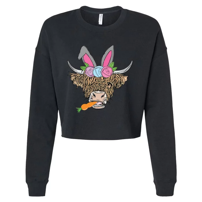 Happy Easter Heifer Highland Cow With Bunny Ears Carrot Egg Cropped Pullover Crew