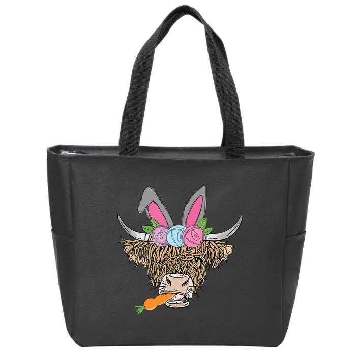 Happy Easter Heifer Highland Cow With Bunny Ears Carrot Egg Zip Tote Bag