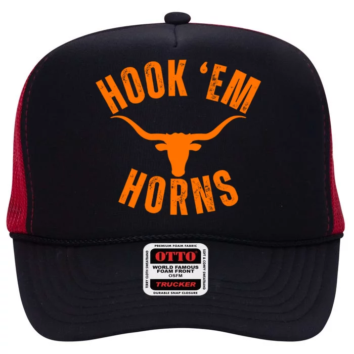 Hook Em Horns Texas Bull Head Longhorns High Crown Mesh Trucker Hat