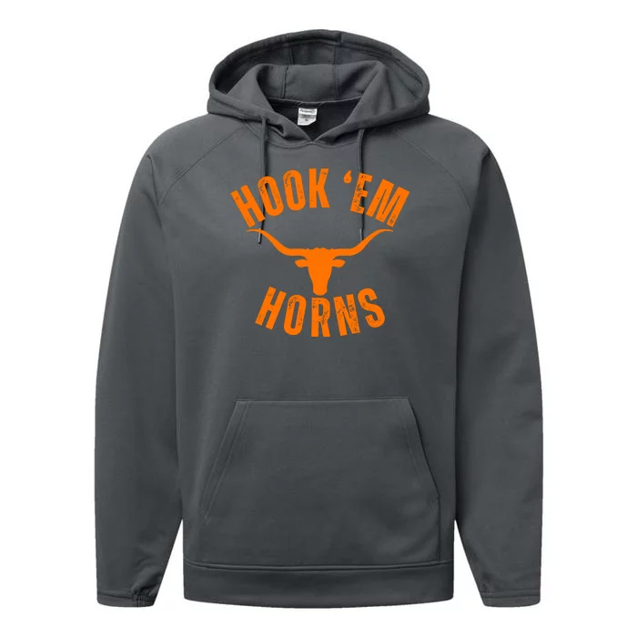 Hook Em Horns Texas Bull Head Longhorns Performance Fleece Hoodie