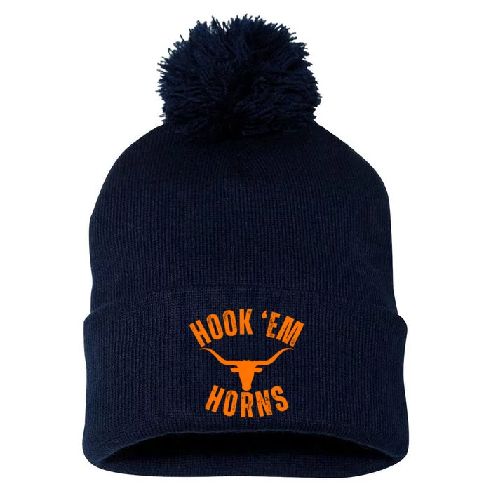 Hook Em Horns Texas Bull Head Longhorns Pom Pom 12in Knit Beanie