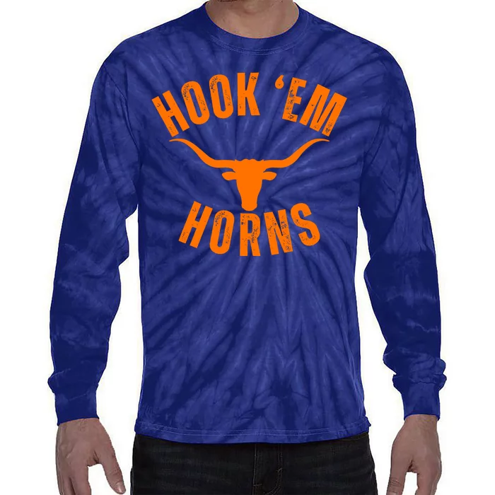 Hook Em Horns Texas Bull Head Longhorns Tie-Dye Long Sleeve Shirt