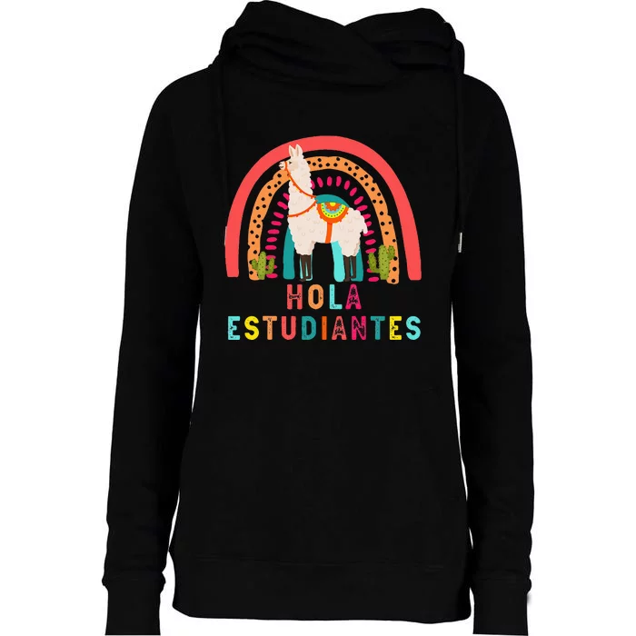 Hola Estudiantes Hello Prek Llama Spanish Teacher School Womens Funnel Neck Pullover Hood