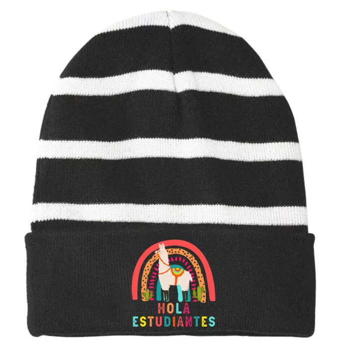 Hola Estudiantes Hello Prek Llama Spanish Teacher School Striped Beanie with Solid Band