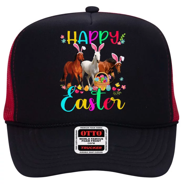 Happy Easter Horse Lover Three Horse Wearing Bunny Ear High Crown Mesh Trucker Hat