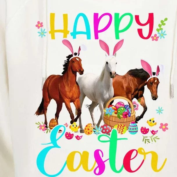 Happy Easter Horse Lover Three Horse Wearing Bunny Ear Womens Funnel Neck Pullover Hood