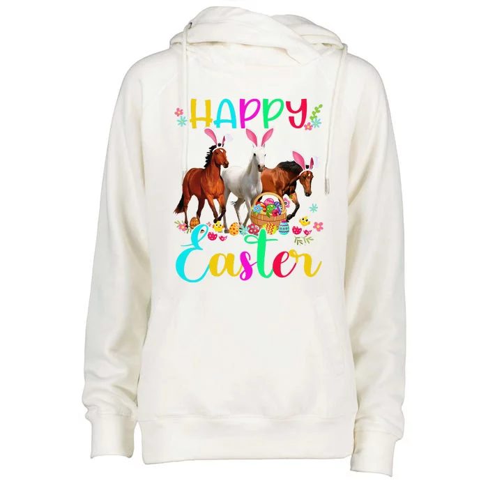 Happy Easter Horse Lover Three Horse Wearing Bunny Ear Womens Funnel Neck Pullover Hood