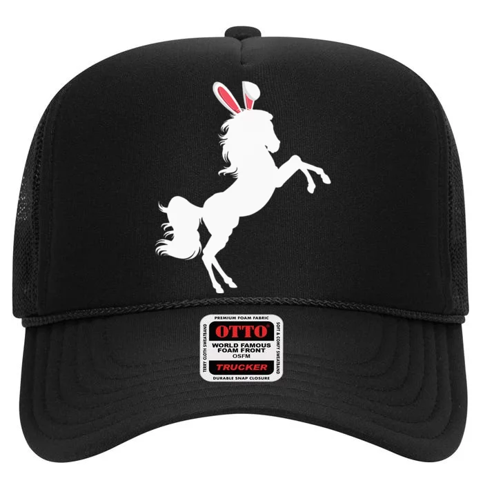 Happy Easter Horse Lover Three Horse Wearing Bunny High Crown Mesh Trucker Hat