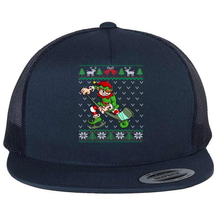 Hockey Elf Ice Hockey Player And Fan Ugly Christmas Gift Flat Bill Trucker Hat