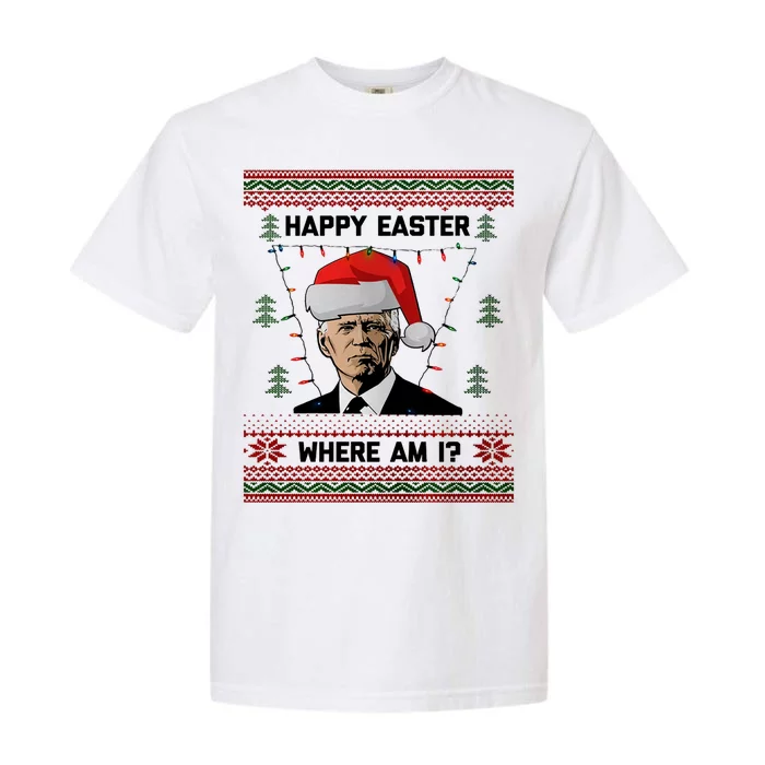 Happy Easter Joe Biden Xmas Lights Ugly Christmas Sweater Garment-Dyed Heavyweight T-Shirt