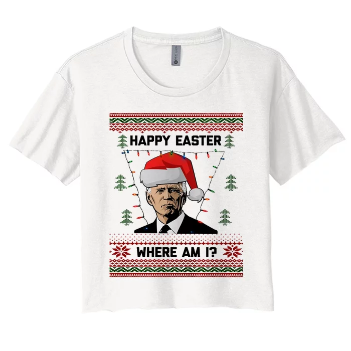 Happy Easter Joe Biden Xmas Lights Ugly Christmas Sweater Women's Crop Top Tee