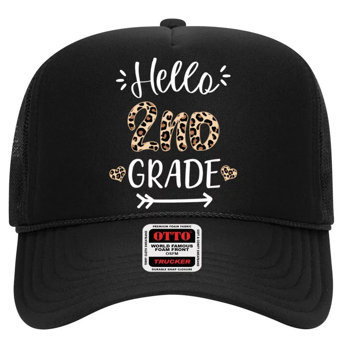 Hello 2nd Grade Cute Leopard Heart High Crown Mesh Trucker Hat