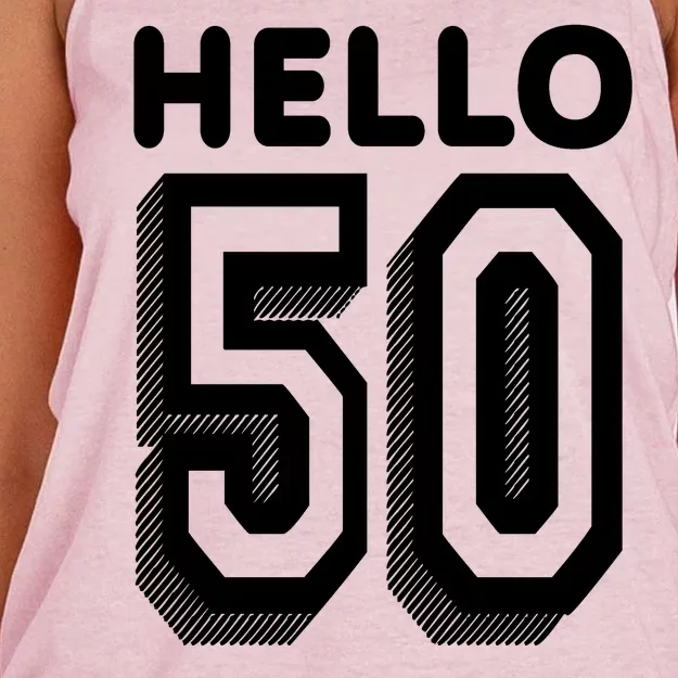 Hello 50 Funny 50th Birthday Women's Knotted Racerback Tank