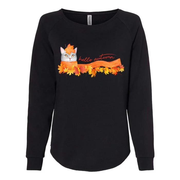 Hello Autumn Cute Cat Womens California Wash Sweatshirt