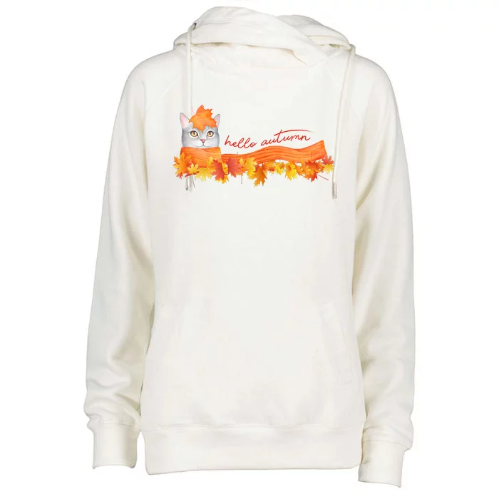 Hello Autumn Cute Cat Womens Funnel Neck Pullover Hood