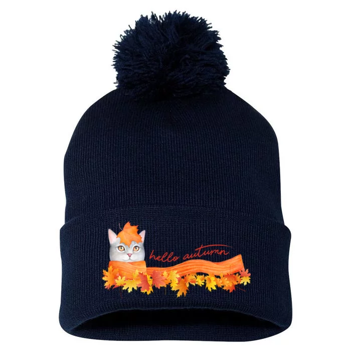 Hello Autumn Cute Cat Pom Pom 12in Knit Beanie