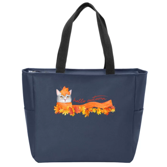 Hello Autumn Cute Cat Zip Tote Bag