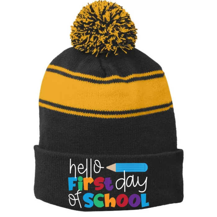 Hello First Day of School Cute Pencil Stripe Pom Pom Beanie