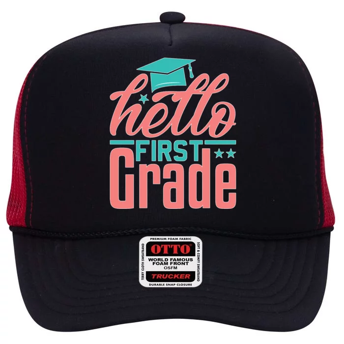 Hello First Grade High Crown Mesh Trucker Hat