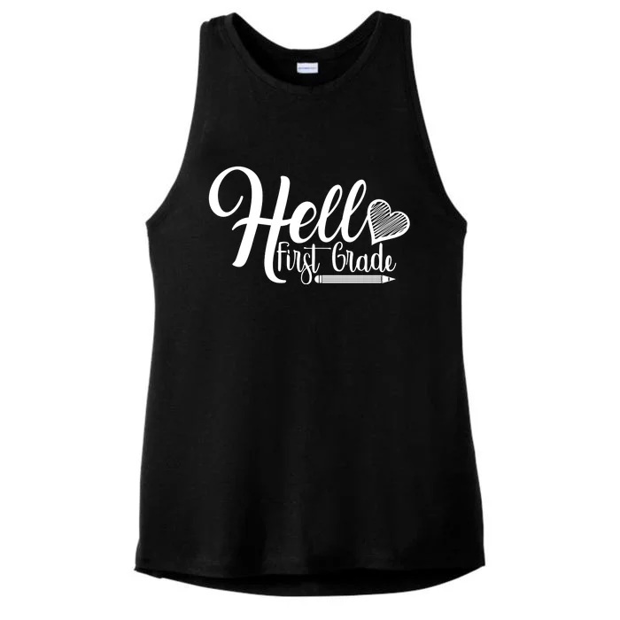 Hello First Grade Pencil Heart Ladies Tri-Blend Wicking Tank