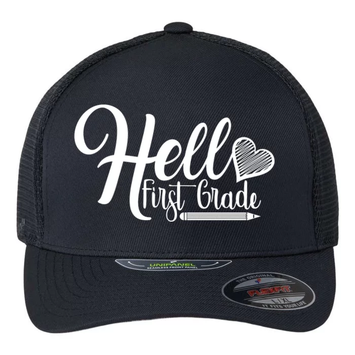 Hello First Grade Pencil Heart Flexfit Unipanel Trucker Cap