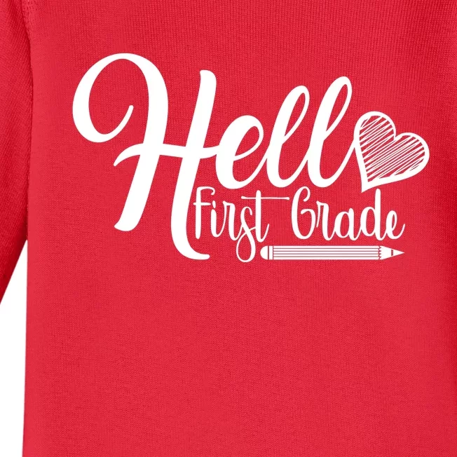 Hello First Grade Pencil Heart Baby Long Sleeve Bodysuit