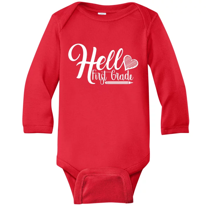 Hello First Grade Pencil Heart Baby Long Sleeve Bodysuit