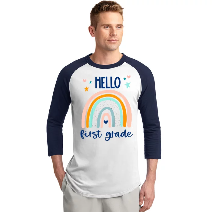 Hello First Grade Retro Rainbow Baseball Sleeve Shirt