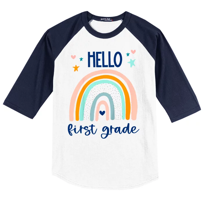 Hello First Grade Retro Rainbow Baseball Sleeve Shirt